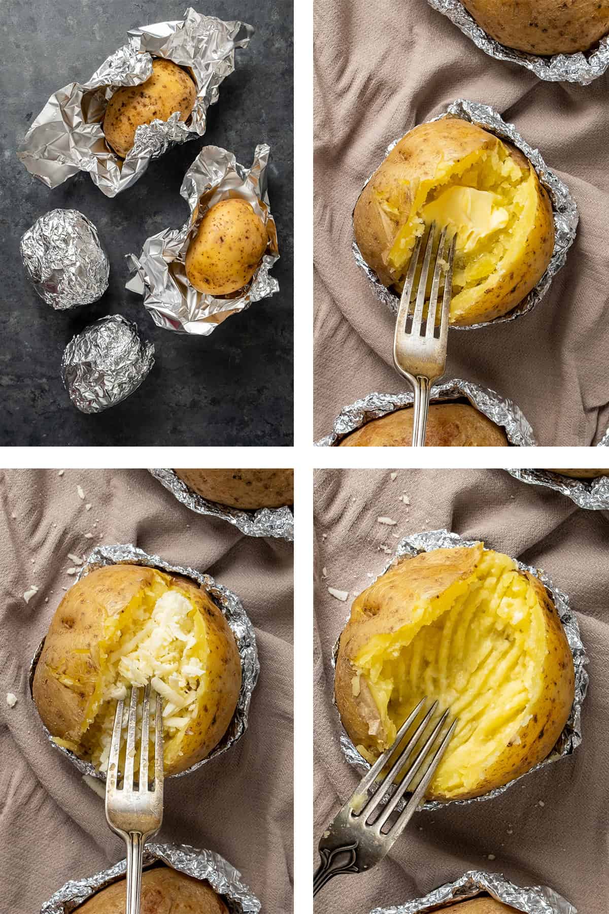 A collage of four pictures showing how to prepare a baked potato before stuffing.