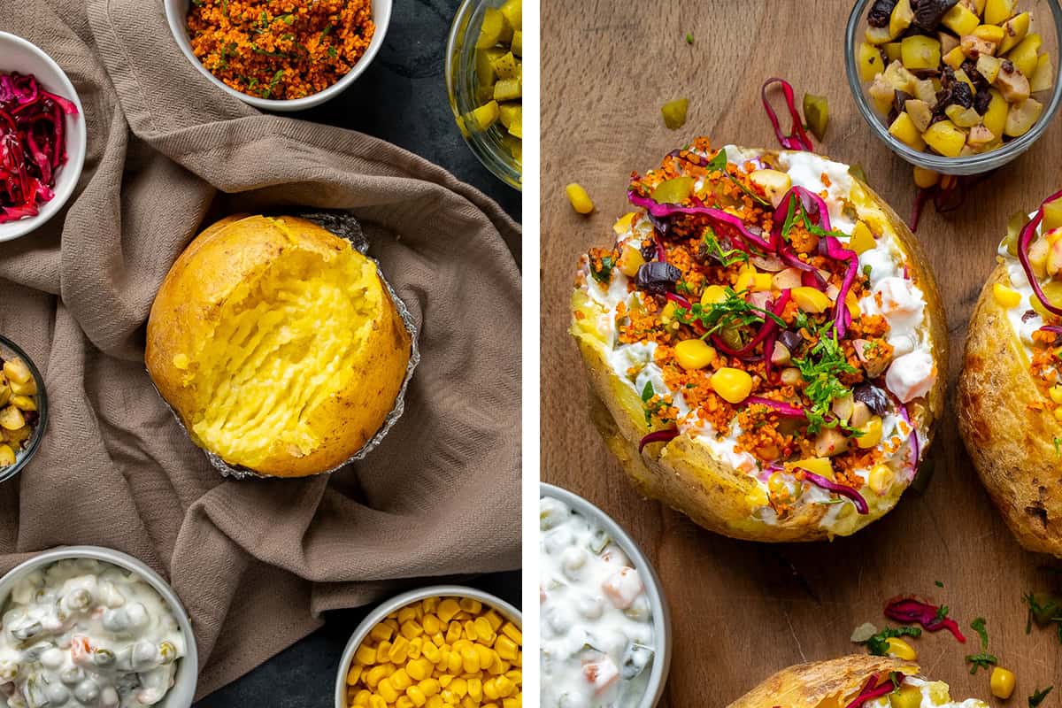 A collage of two pictures showing a baked potato ready to be stuffed and after it is stuffed.