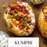 Turkish kumpir topped with salads.