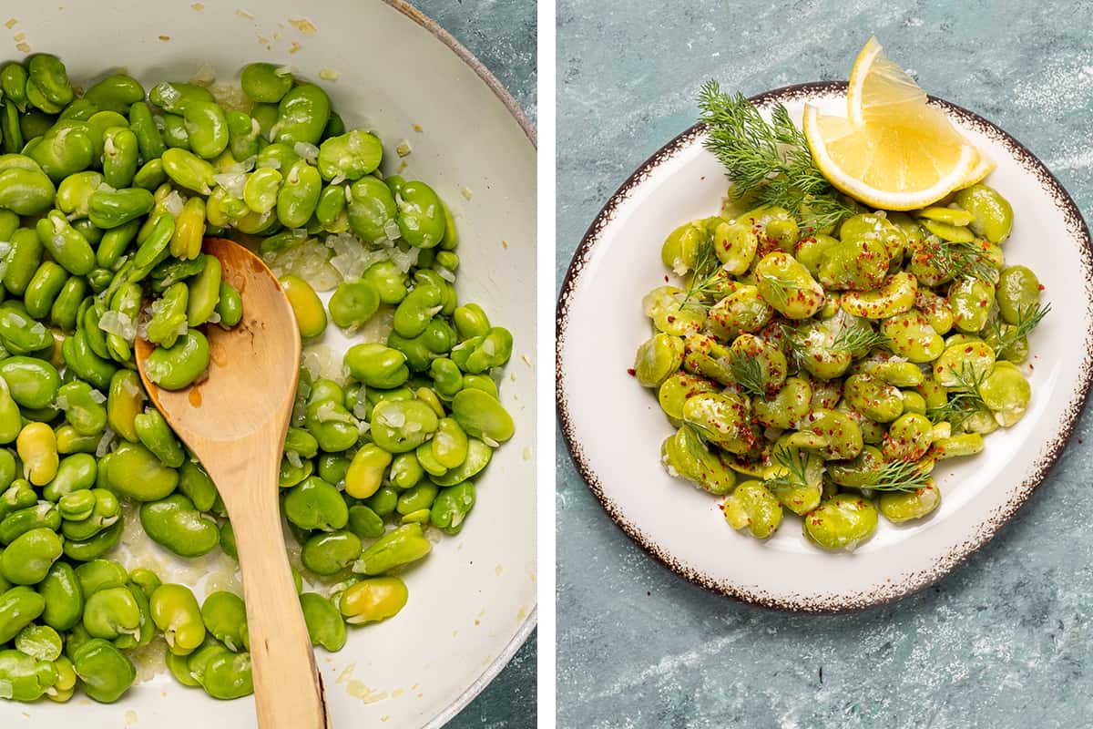 A collage of two pictures showing how to cook fava beans.