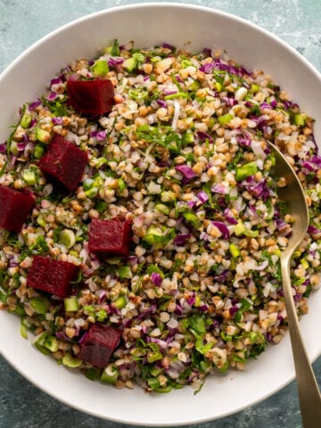 Buckwheat salad topped with pickled beets in a white bowl with a spoon in it.