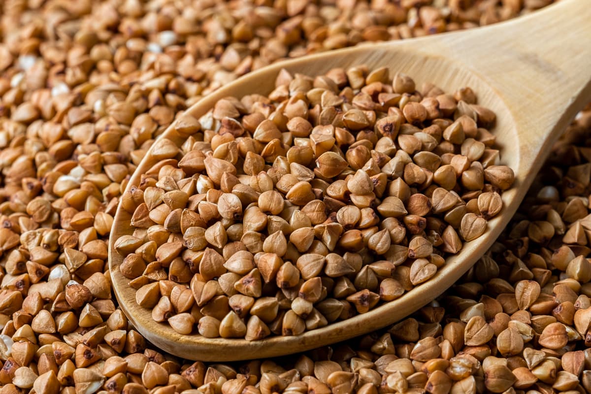 Close shot of roasted buckwheat on the ground and a wooden spoon full of buckwheat.