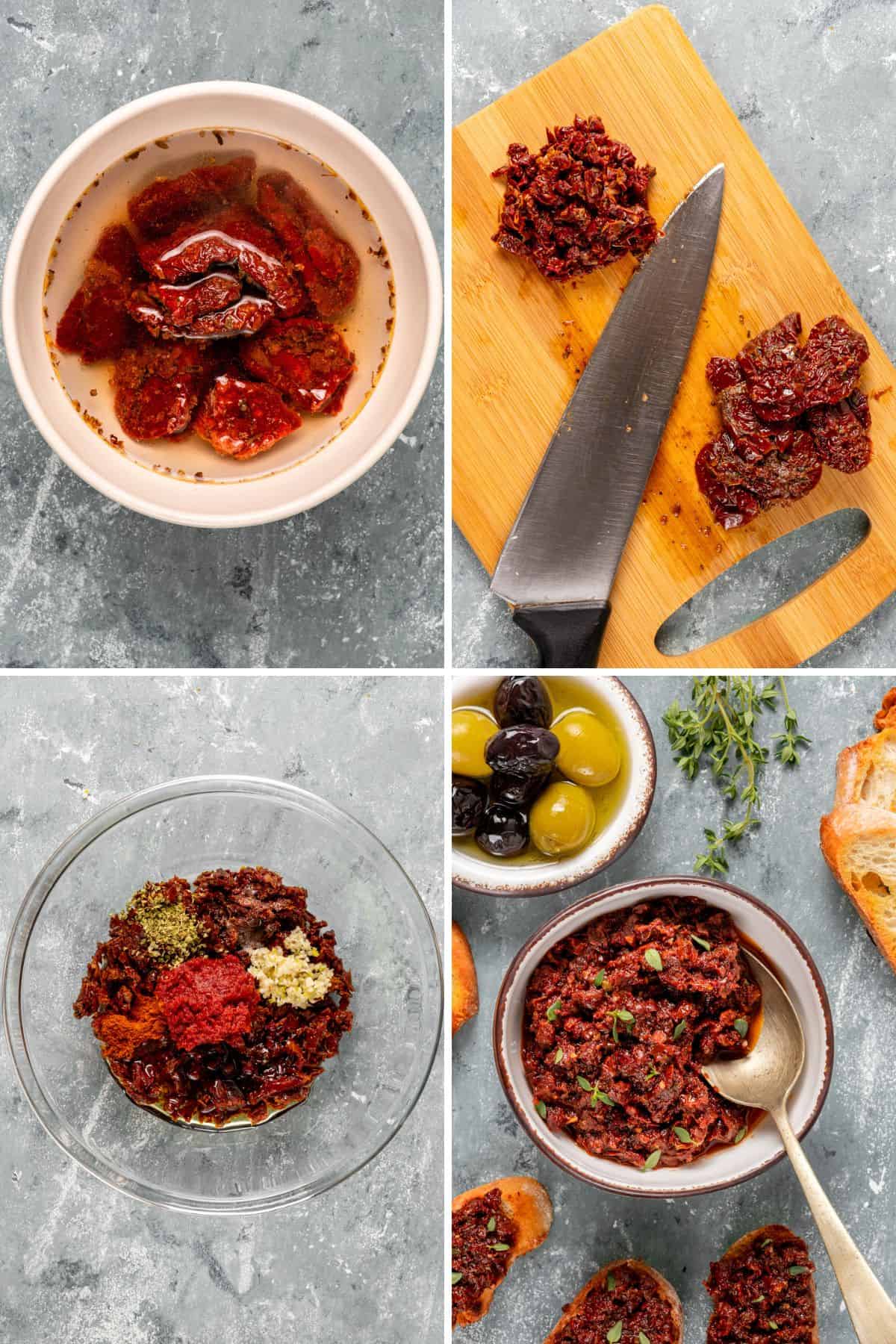 Sun dried tomatoes soaking, chopped on a board, mixed with garlic and spices, and served as a spread with bread.
