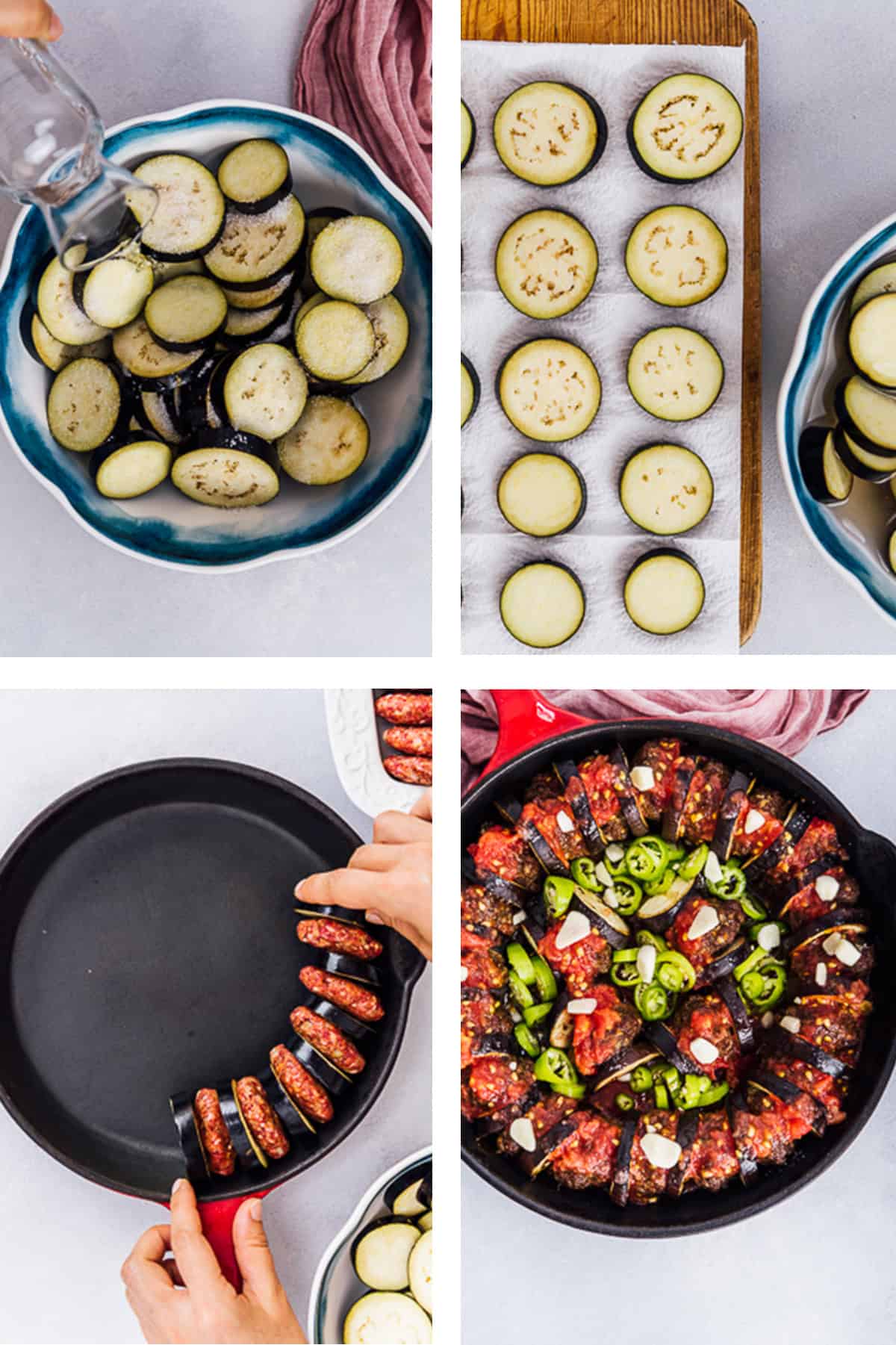 An image of step-by-step preparation of eggplant kebab with eggplant slices, meat patties, and peppers.