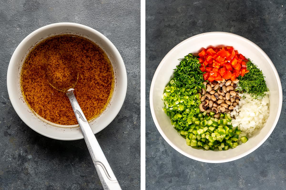 A collage of two pictures showing the lemon salad dressing in one and salad ingredients in a bowl in the other one.