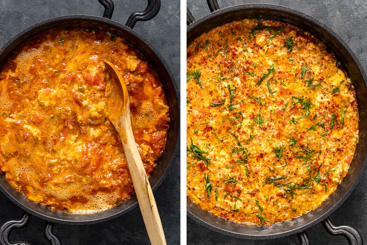 A collage of two pictures showing how to combined the cooked tomatoes and peppers with eggs in a pan.