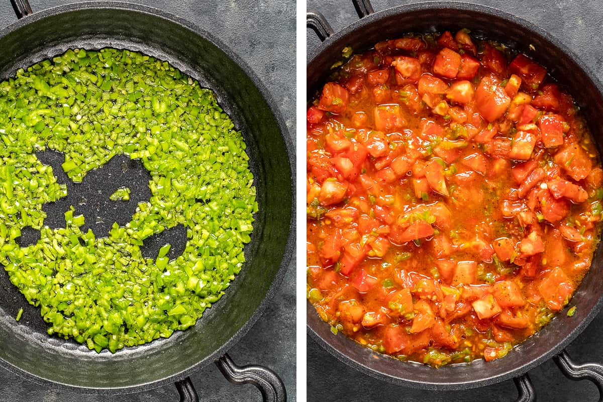 A collage of two pictures showing how to cook green peppers and tomatoes in a pan.