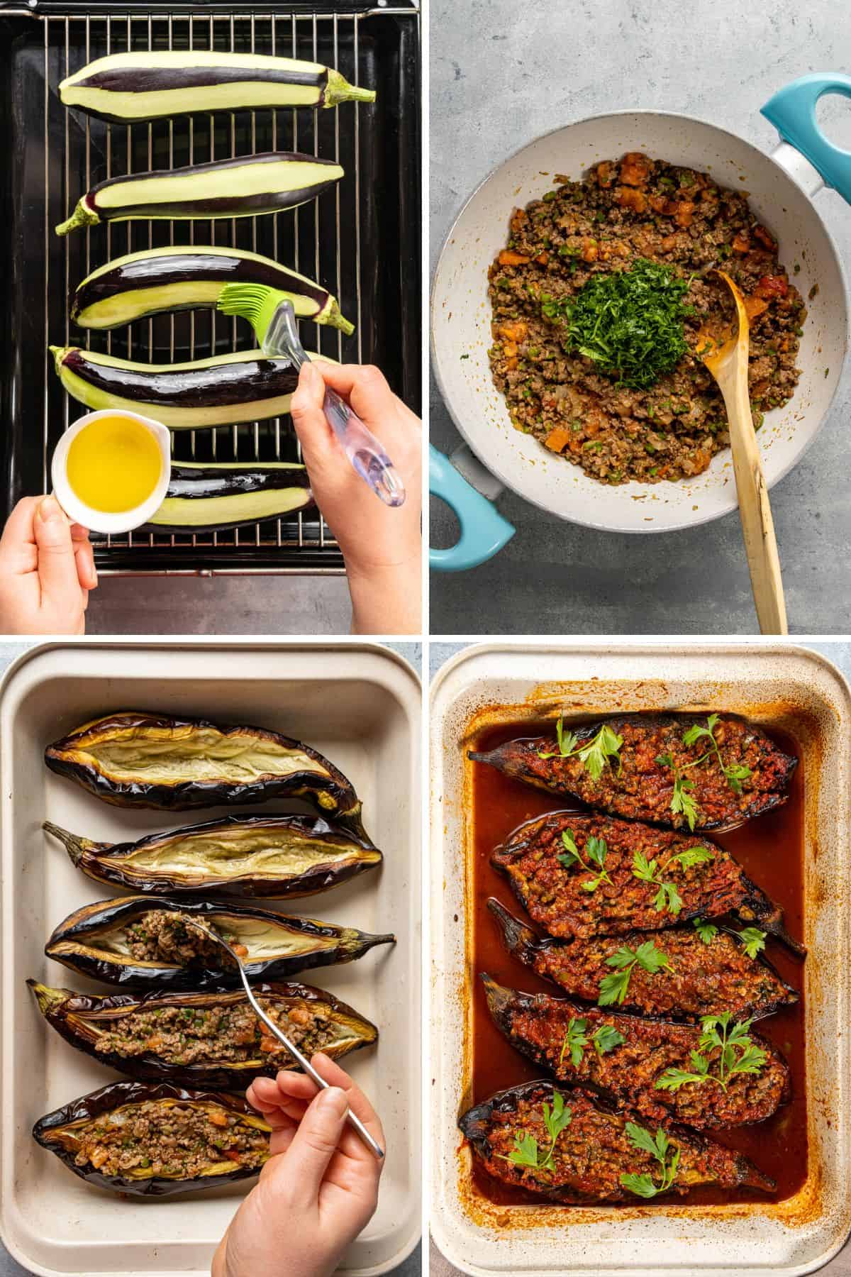 Step-by-step collage showing how to make Turkish karnıyarık by roasting eggplants, preparing a seasoned ground beef filling, stuffing the eggplants, and baking them in tomato sauce.