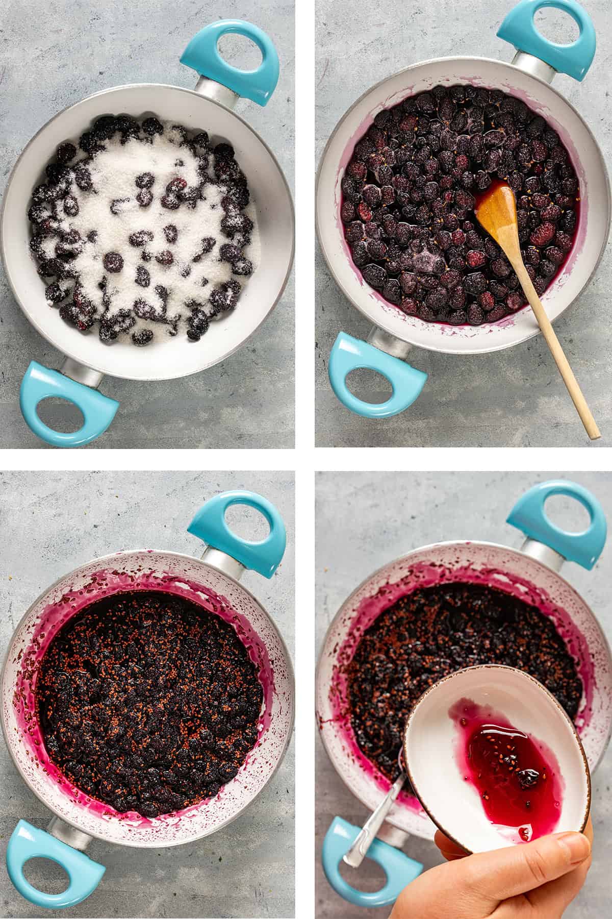 A collage of four images showing the steps of making mulberry jam.