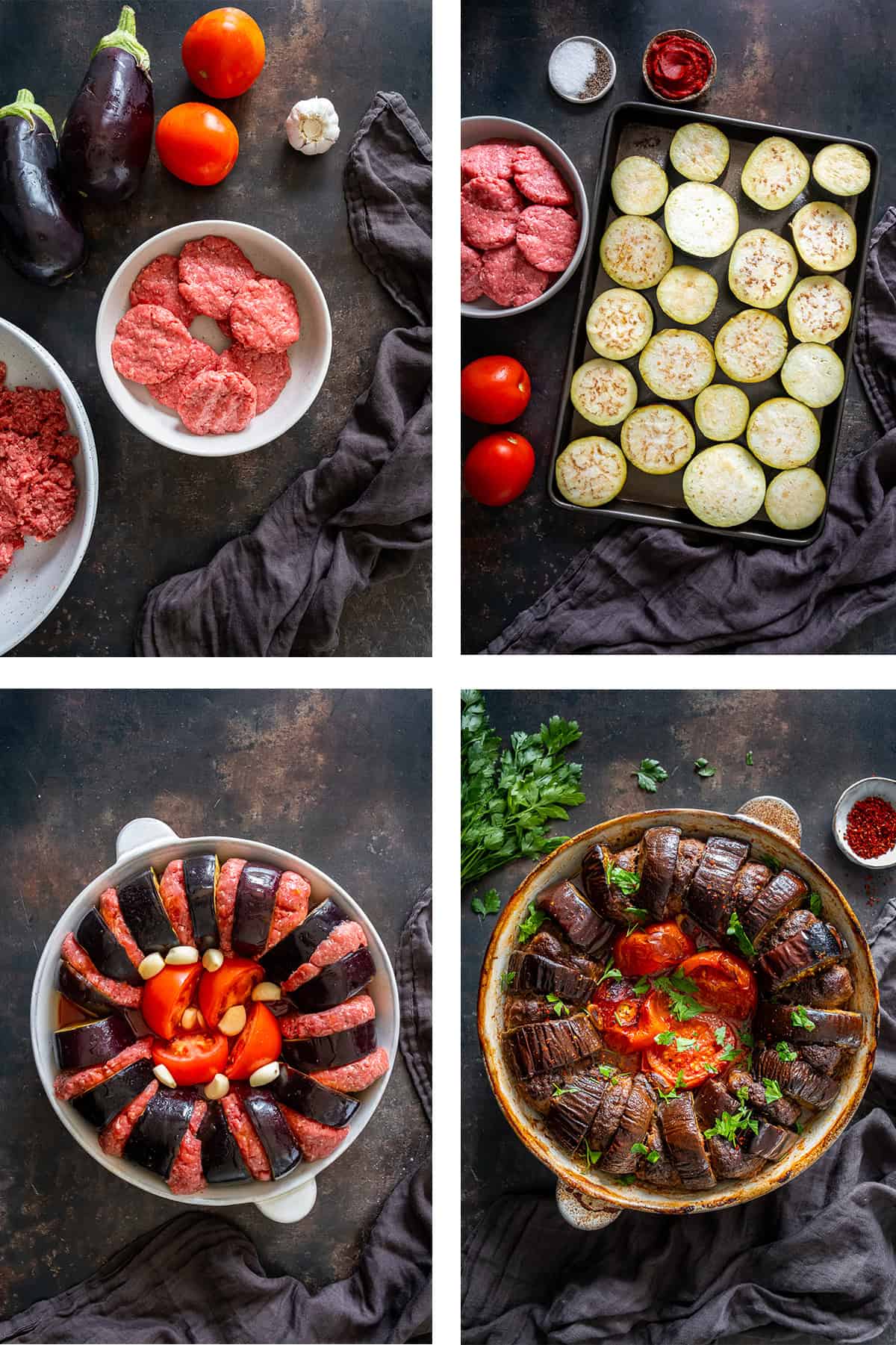 Four-step collage showing how to make Turkish eggplant kebab: shaping the meatballs, slicing the eggplants, arranging the eggplants and meatballs in a baking dish, and the finished baked kebab.