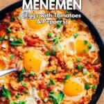 Turkish menemen, a dish with eggs and tomatoes in a pan.