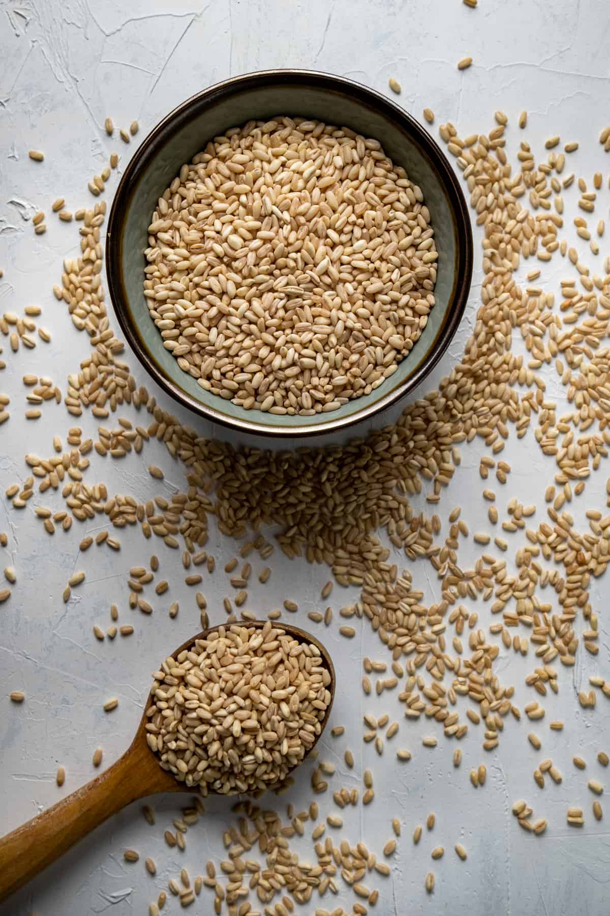 White wheat berries in a bowl and in a wooden spoon on a light background.