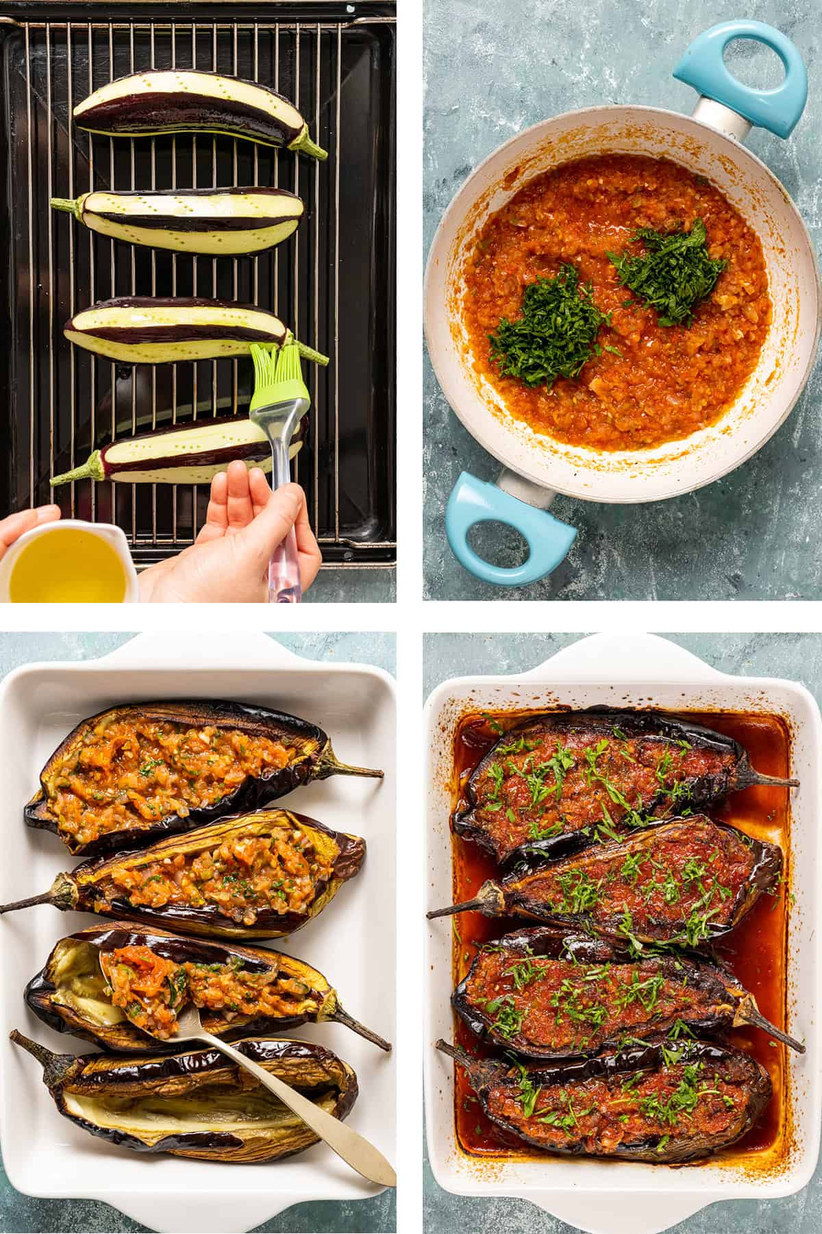 Step-by-step images showing how to make Imam Bayildi: roasting eggplants, cooking tomato filling, stuffing eggplants, and baking them with sauce.