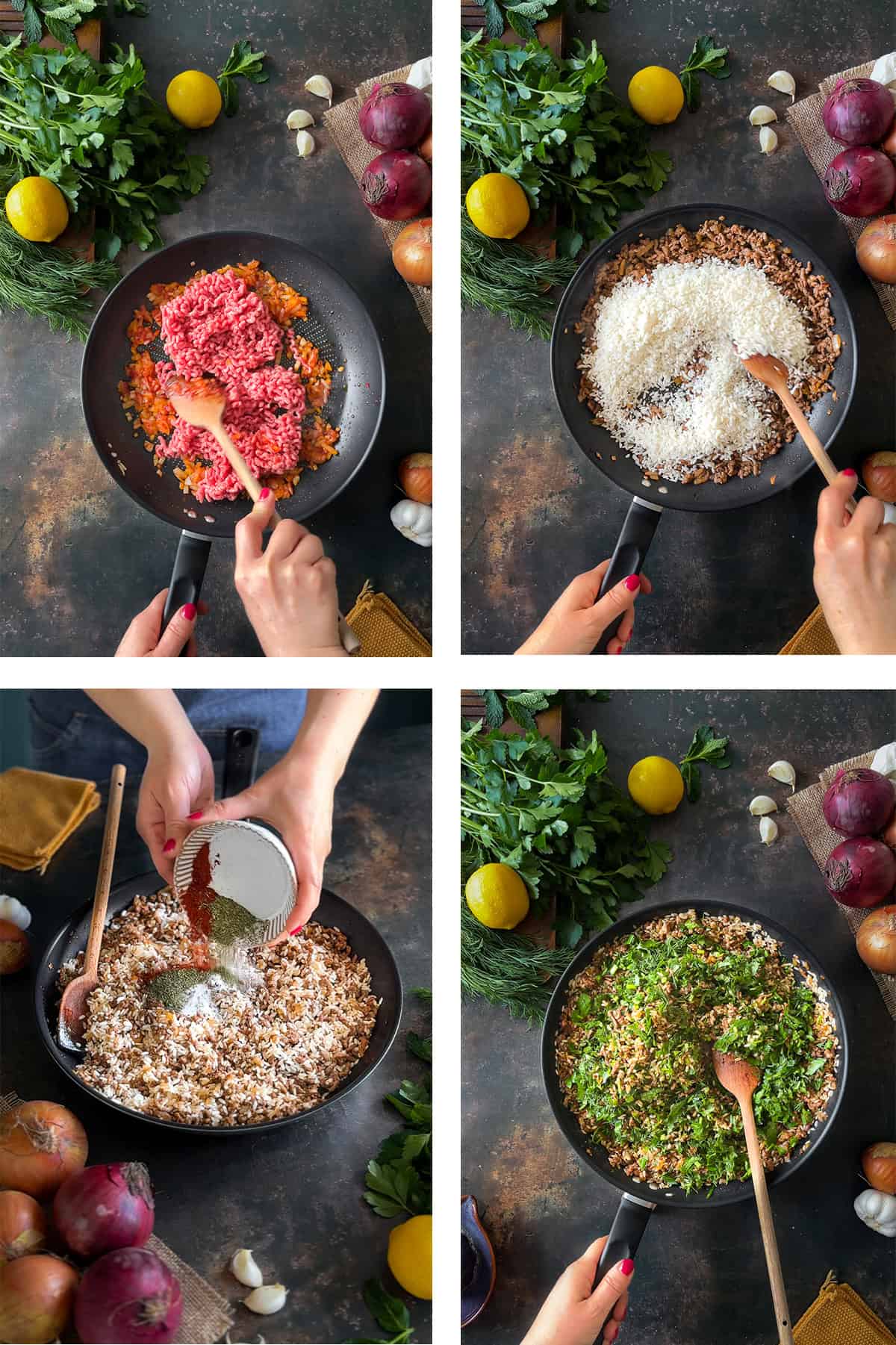 A step-by-step collage showing the preparation of Sogan Dolmasi (Turkish Stuffed Onions) filling. Steps include cooking ground beef with onions, adding rice, seasoning with spices, and mixing in fresh herbs.