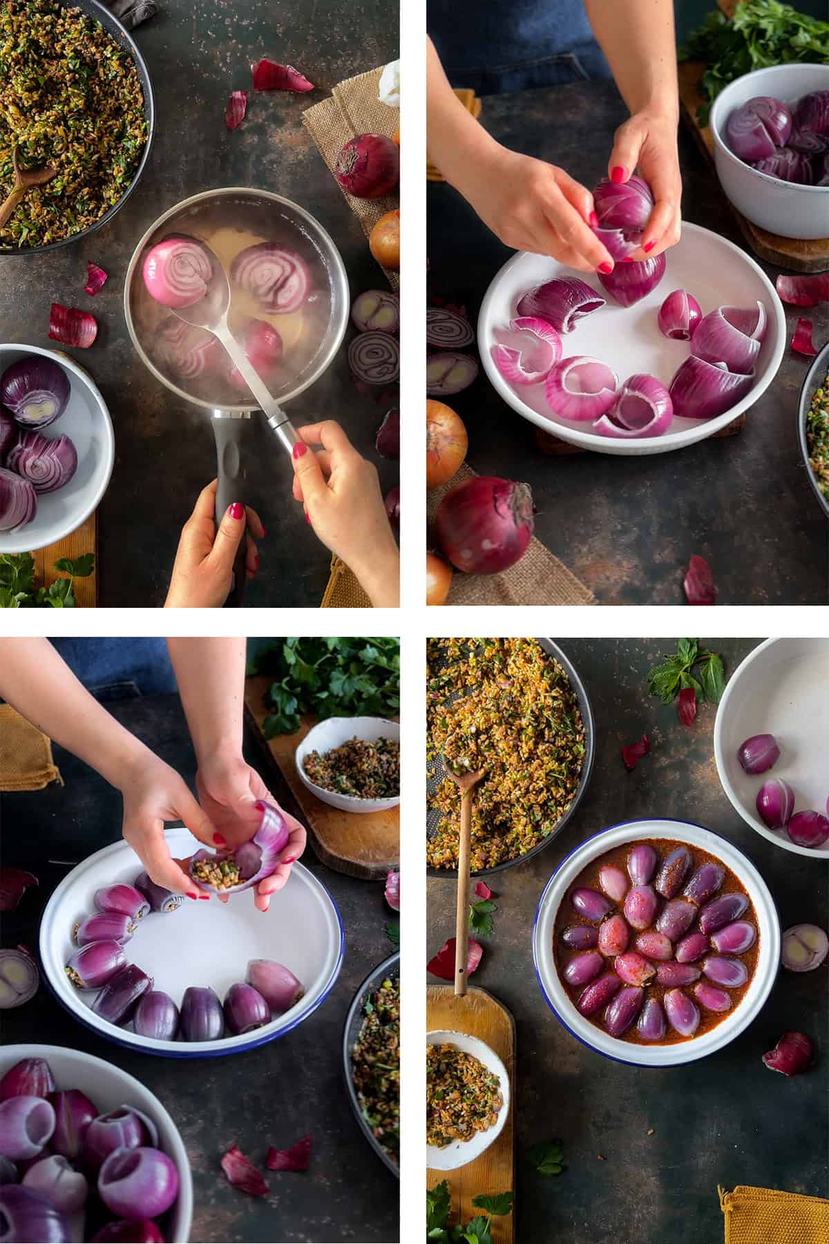 A step-by-step collage showing the preparation of Sogan Dolmasi (Turkish Stuffed Onions). The process includes boiling onions, separating layers, stuffing them with a spiced rice filling, and arranging them in a baking dish with sauce.