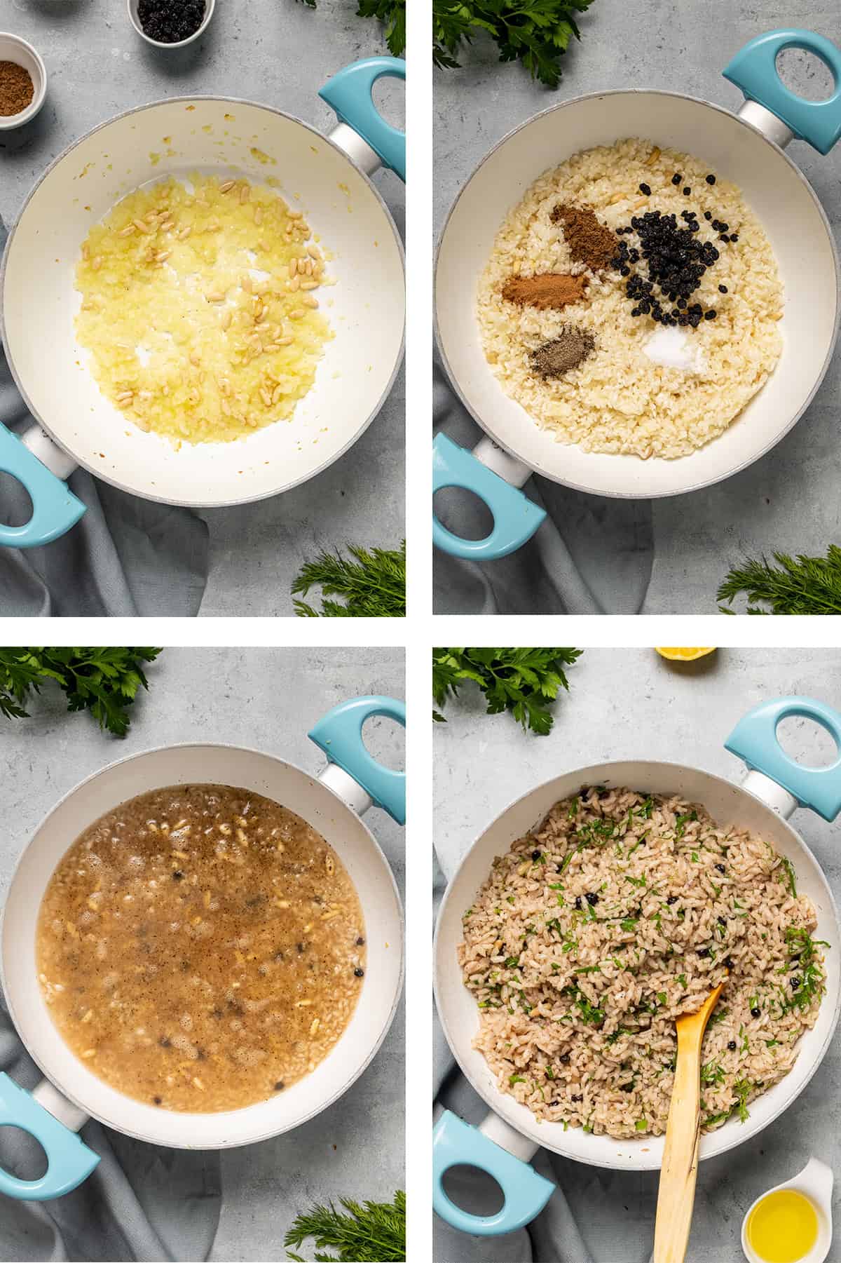 Step-by-step overhead view of making Turkish iç pilav, from sautéing onions and pine nuts to cooking and mixing the seasoned rice with herbs.