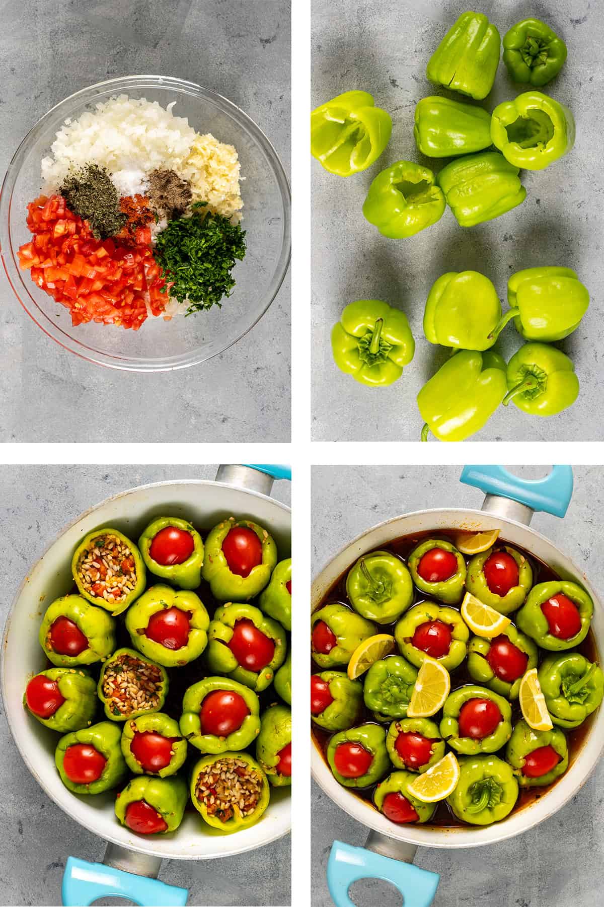 Steps of making Turkish stuffed peppers: filling mix, hollowed peppers, stuffed peppers in a pot, and cooked with sauce and lemon.