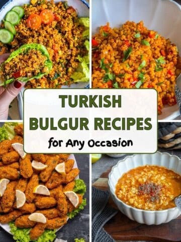 Collage of Turkish bulgur recipes including kısır, bulgur pilaf, mercimek köftesi and ezogelin soup.
