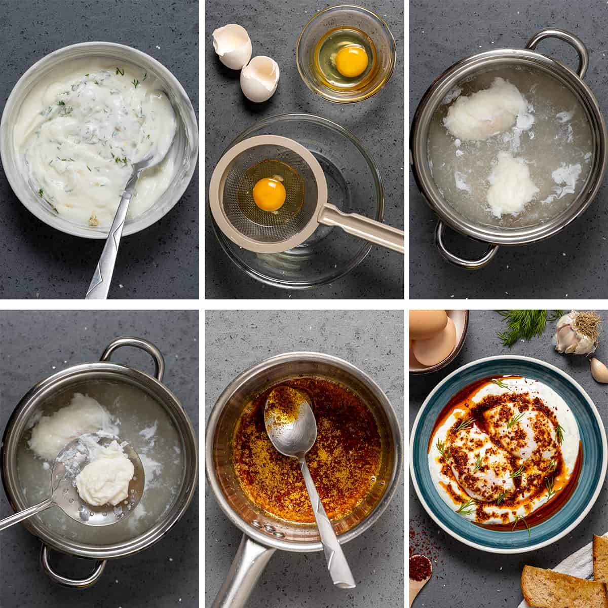 A collage of six pictures showing how to make Turkish eggs.