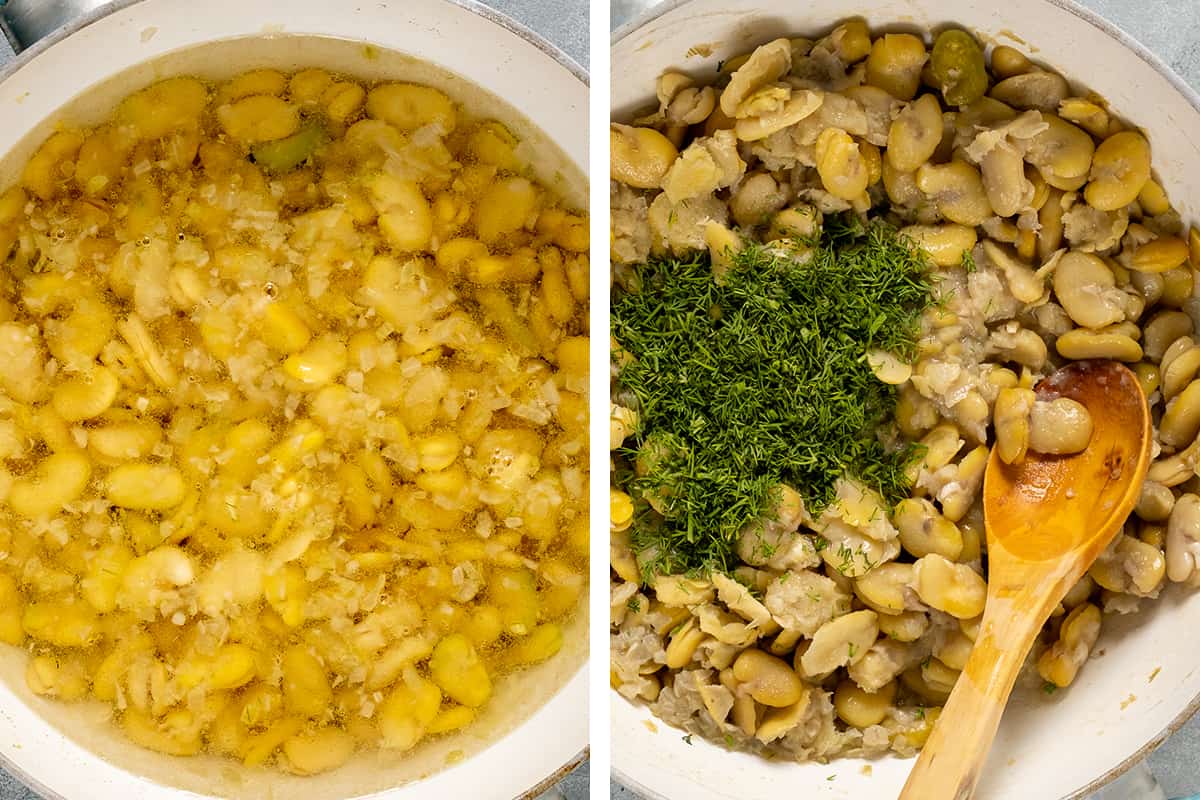 A collage of two pictures showing how to cook dry broad beans.