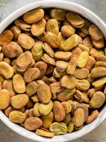 Dried fava beans photographed uncooked in a white bowl.