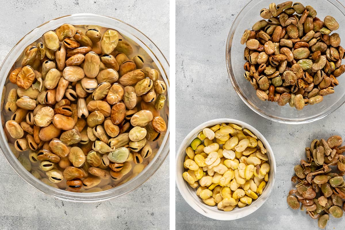 A collage of two images showing how to soak and peel broad beans.