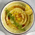 Dried fava bean dip with fresh dill and red pepper flakes.