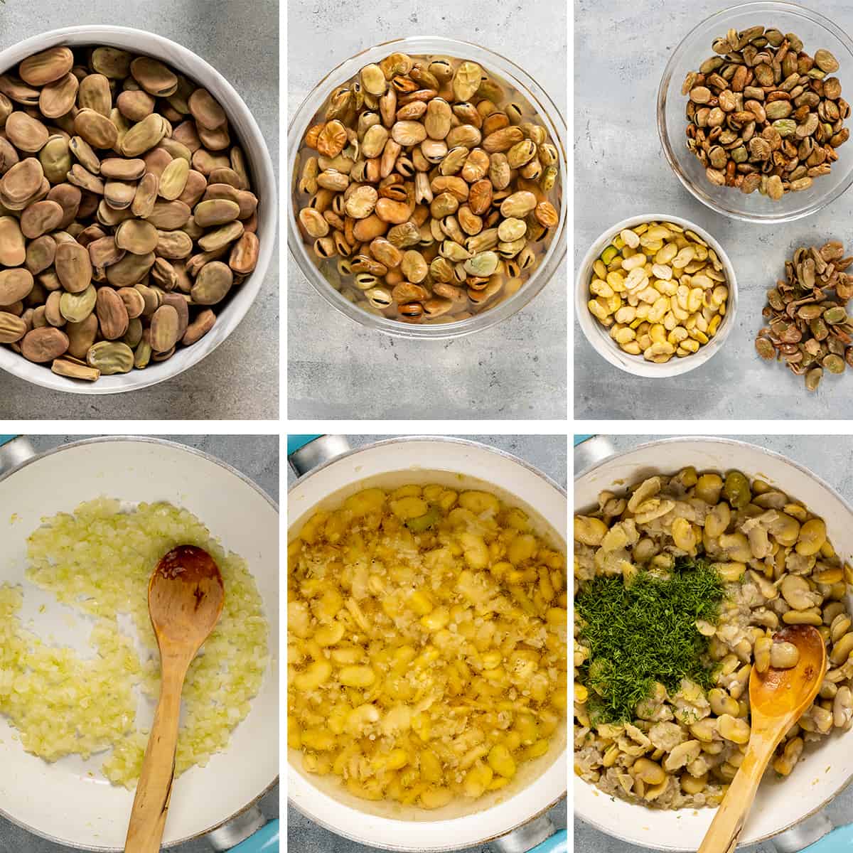 A collage of six pictures showing the steps of peeling fava beans and cooking them.