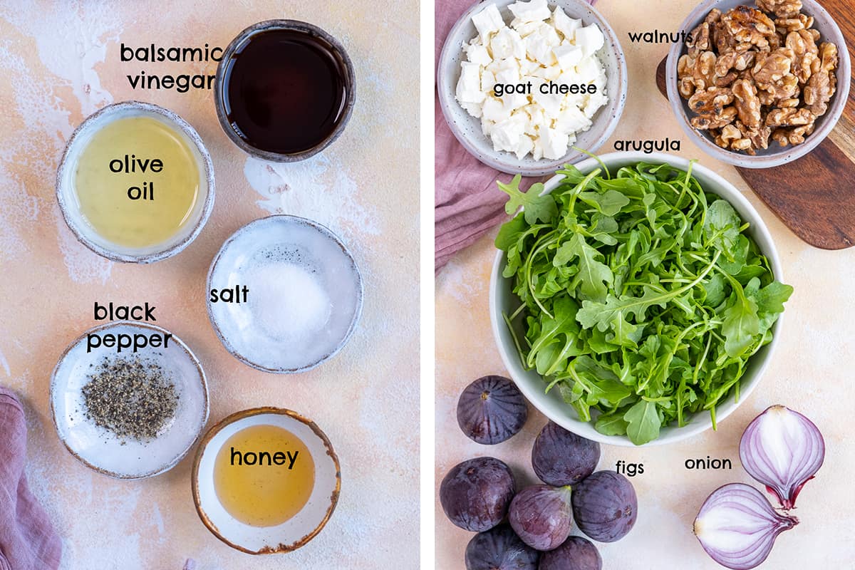 A collage of two pictures showing ingredients of the dressing and salad.