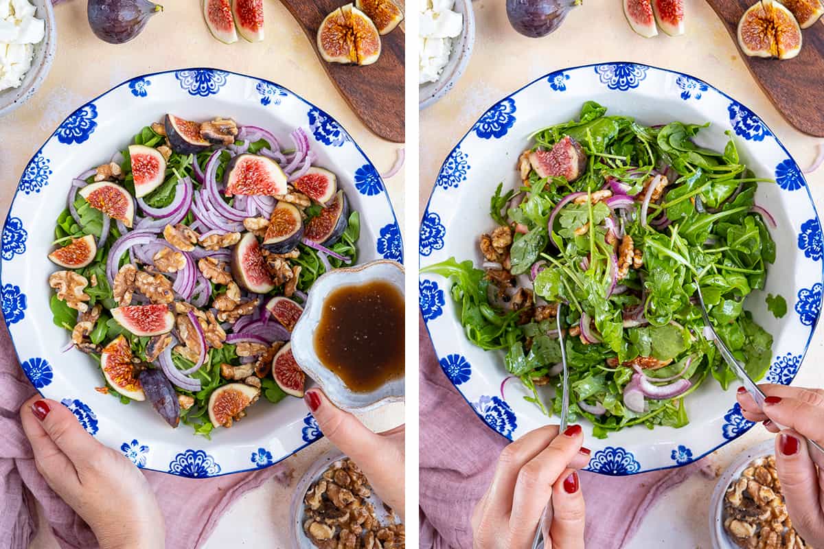 A collage of two pictures showing how to make fig salad.