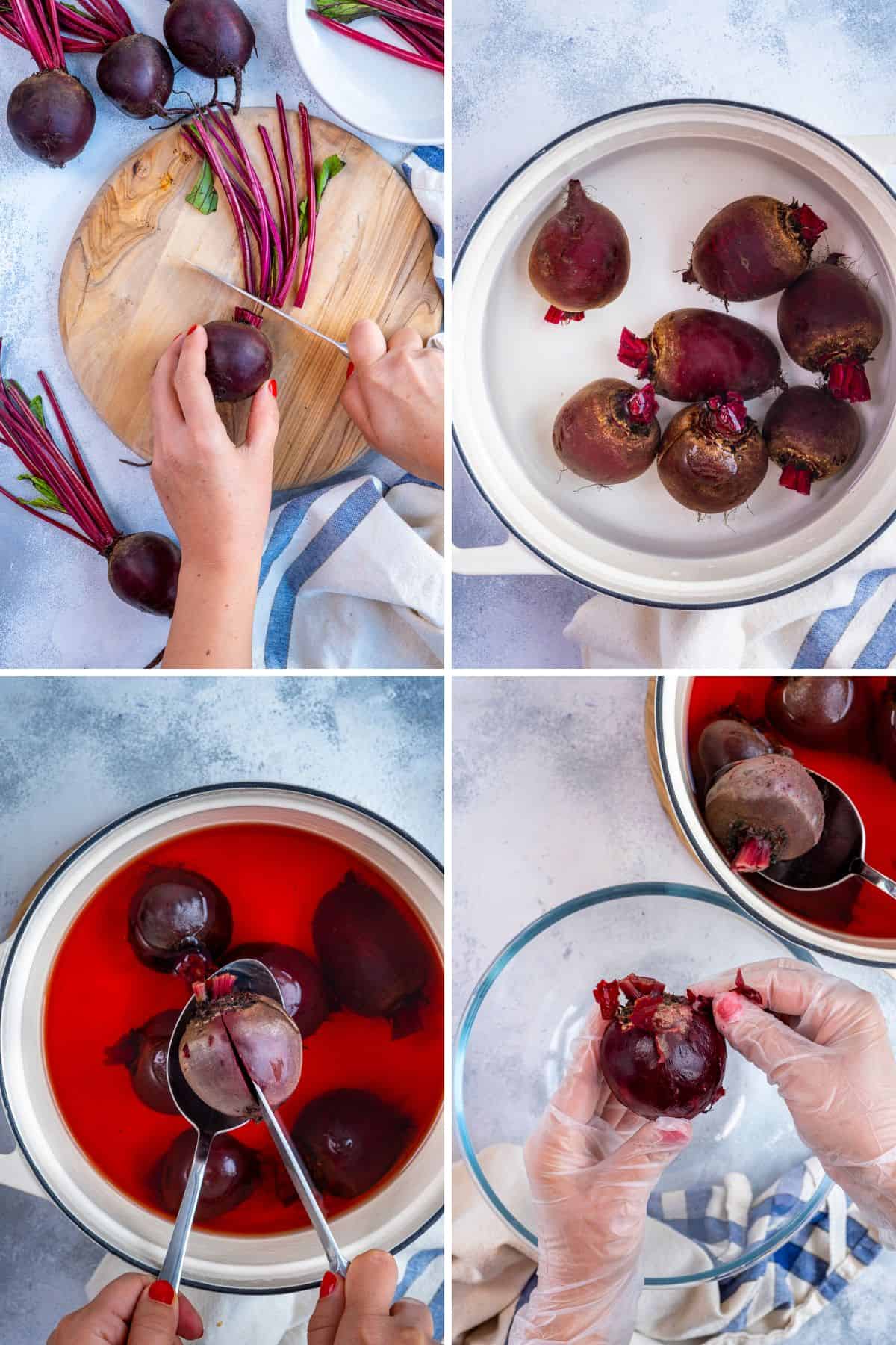 Top-down collage showing steps for how to boil beets: trimming beet stems on a cutting board, placing whole beets in a pot, boiling them, and peeling the skins off cooked beets by hand.