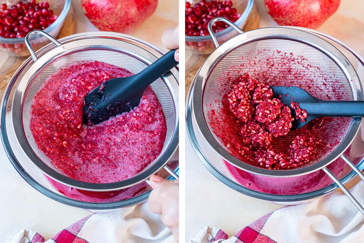 A collage of two pictures showing how to strain pomegranate puree in a fine mesh strainer.