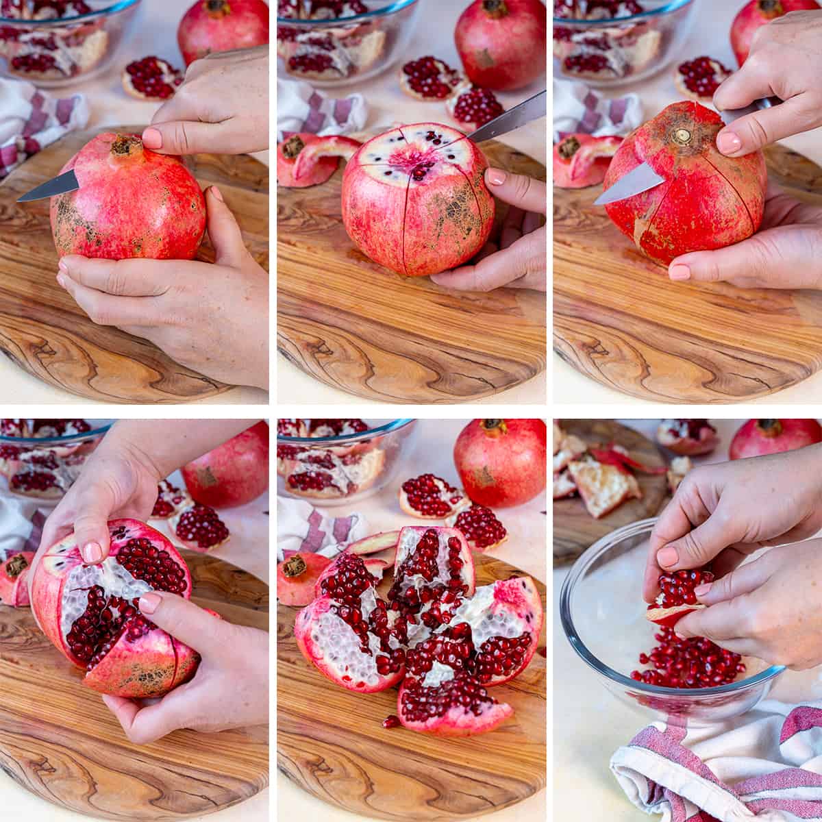 A collage of pictures showing how to cut a pomegranate into segments and then to remove the seeds out of them.