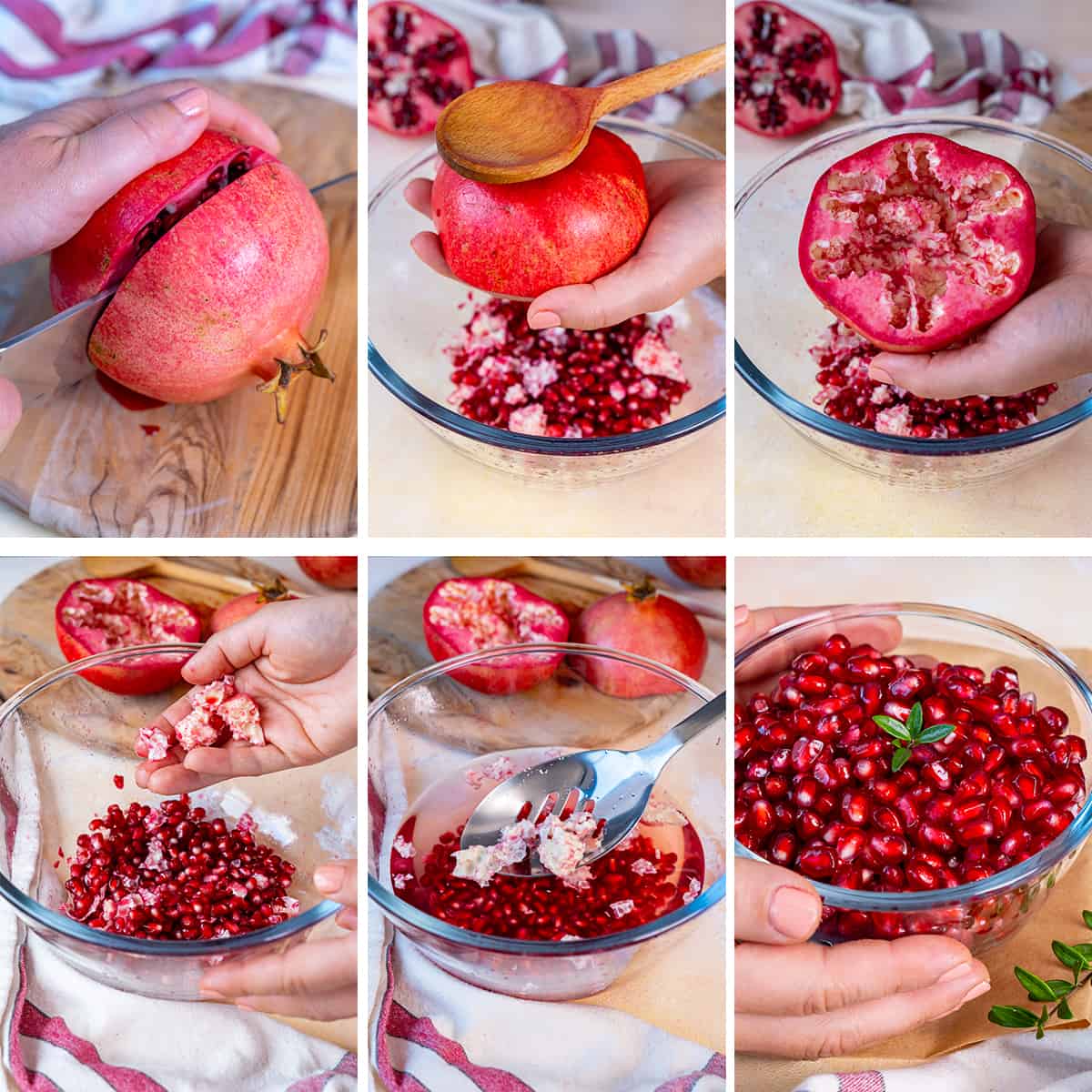 A collage of 6 pictures showing how to de-seed a pomegranate with a wooden spoon.