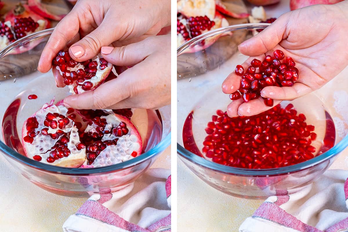 A collage of two pictures showing how to seed a pomegranate in water.