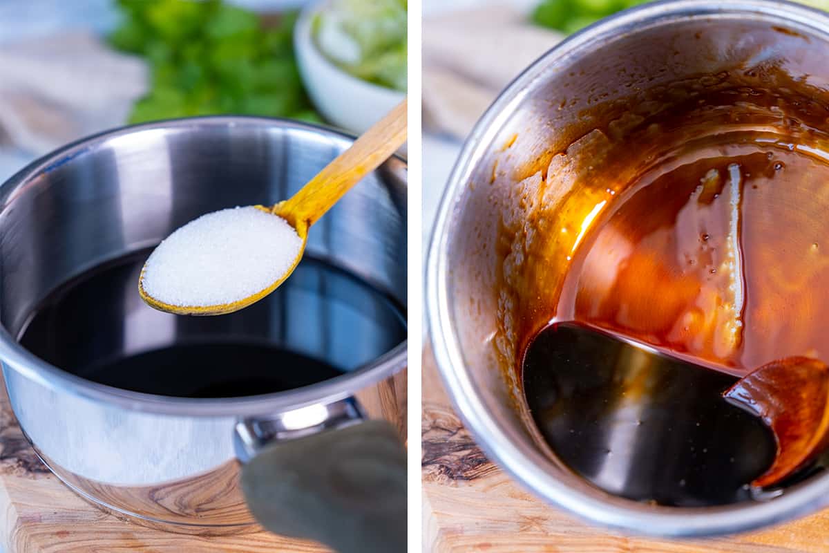 A collage of two pictures showing how to make reduced balsamic vinegar with sugar