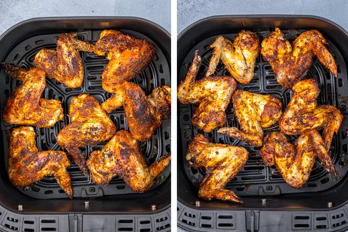 A collage of two pictures showing how to make whole chicken wings in air fryer.