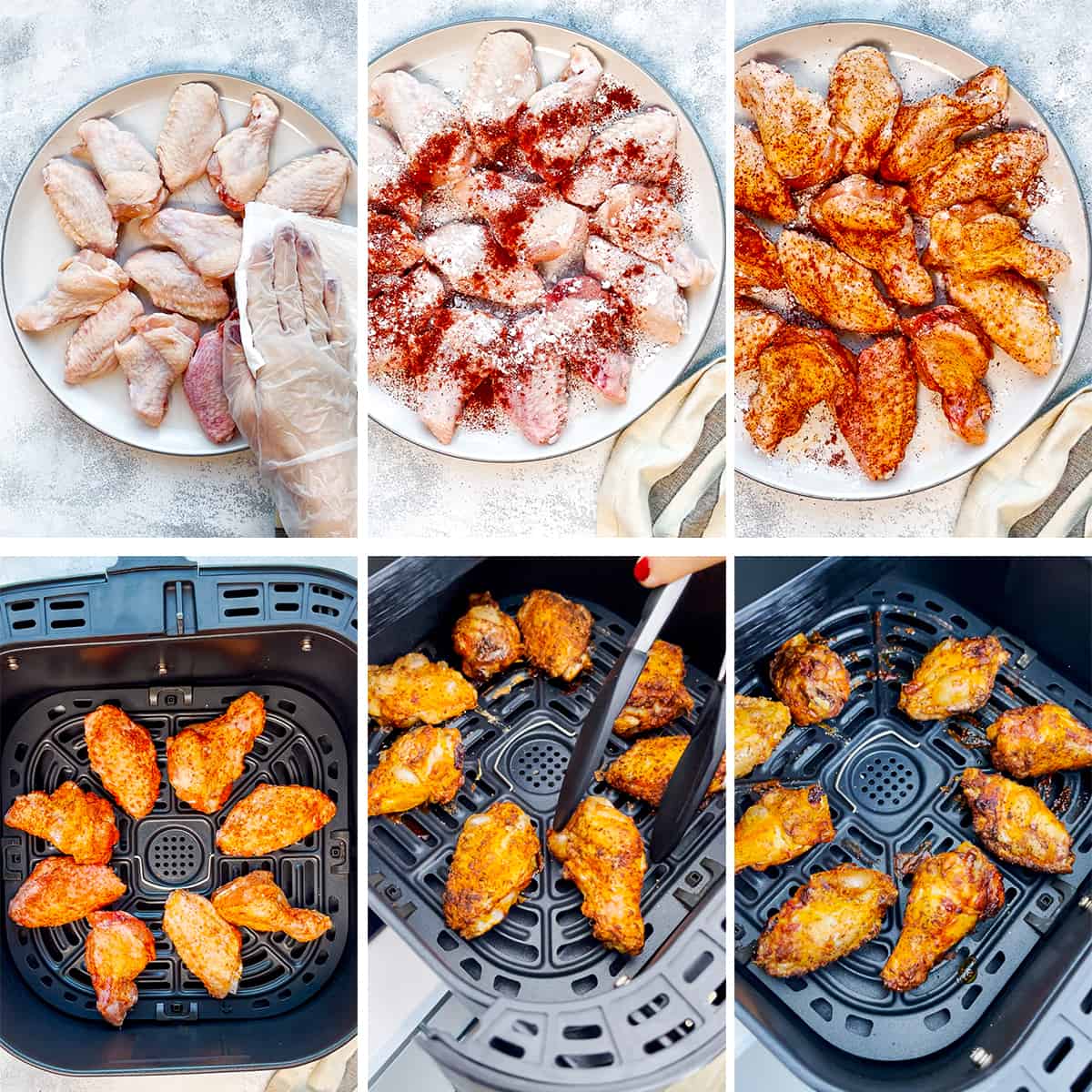 A collage of six pictures showing how to cook chicken wings in air fryer.