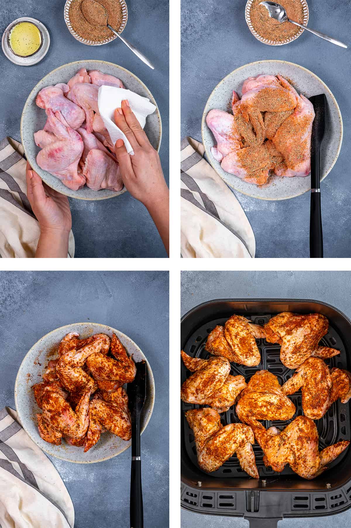 A collage of four pictures showing how to prepare whole chicken wings for air frying.