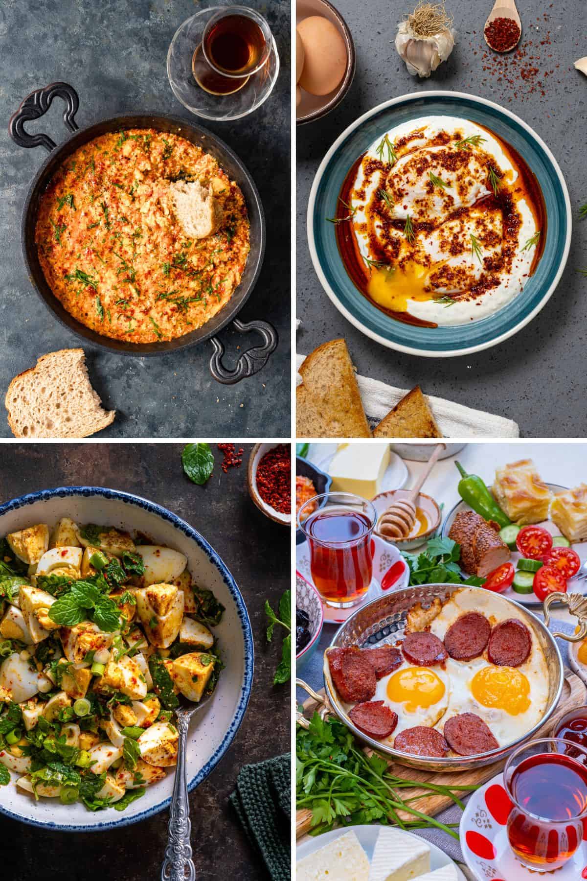 Turkish breakfast egg dishes collage including menemen, çılbır (Turkish eggs with yogurt), egg salad, and sucuklu yumurta with tea and bread.