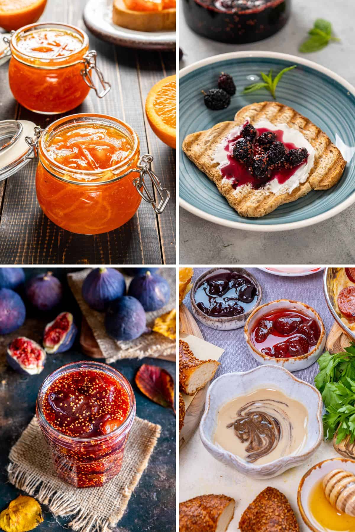 Turkish breakfast jams and spreads collage including orange jam, fig jam, mulberry jam, tahin pekmez, and jam served on bread.