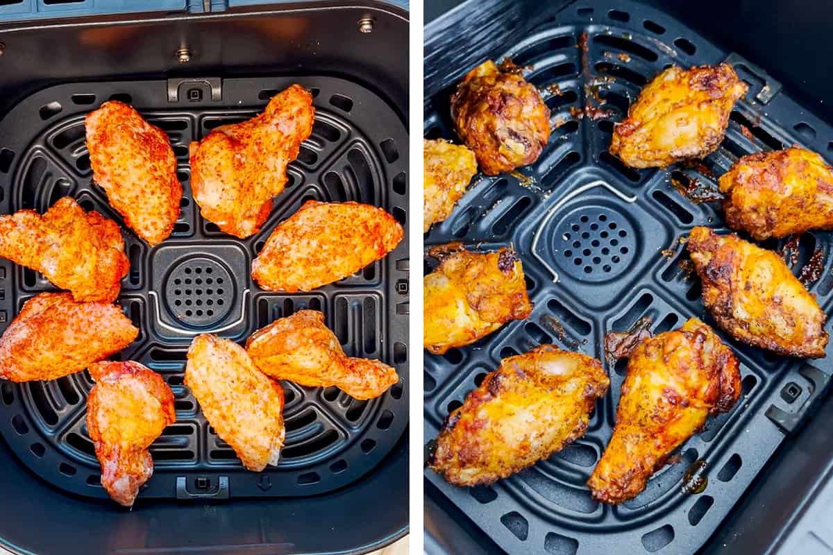 A collage of two pictures showing chicken wings in air fryer before and after cooking.