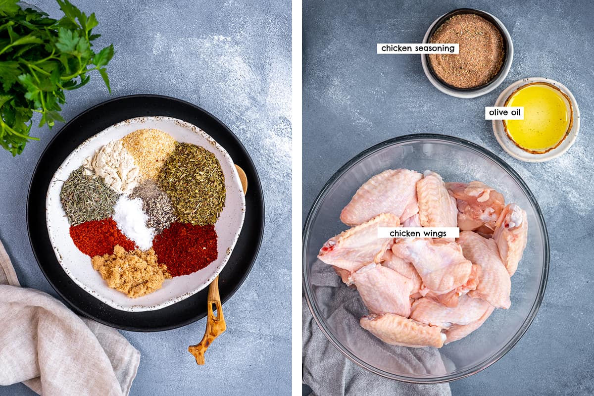 A collage of two pictures showing dry rub spices in a bowl in one and chicken wing ingredients in the other one.