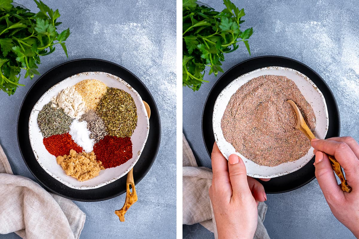 A collage of two images showing the spices in a bowl and hands stirring them.