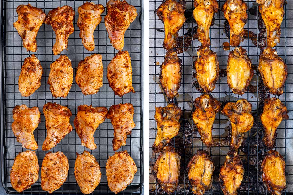 A collage of two pictures showing chicken wings on a baking rack before and after cooking.