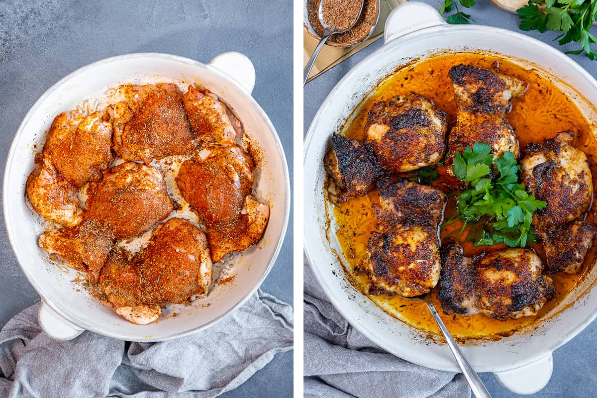 A collage of two images showing dry rub chicken thighs before and after being baked.