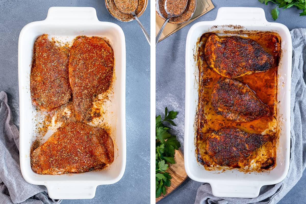 A collage of two images showing dry rub chicken breast before and after being baked.