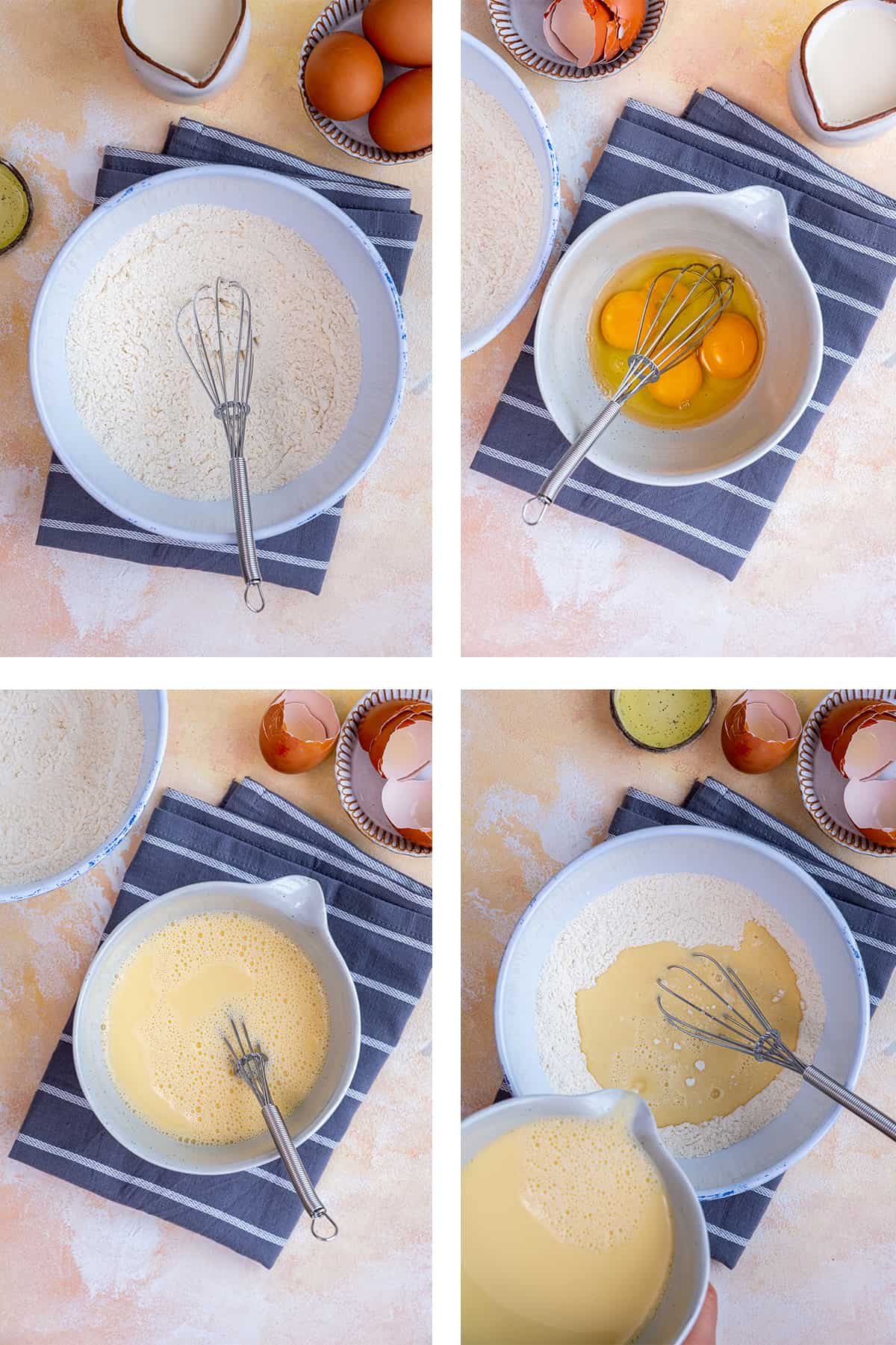 A collage of four pictures showing the steps of preparing the crepe batter.