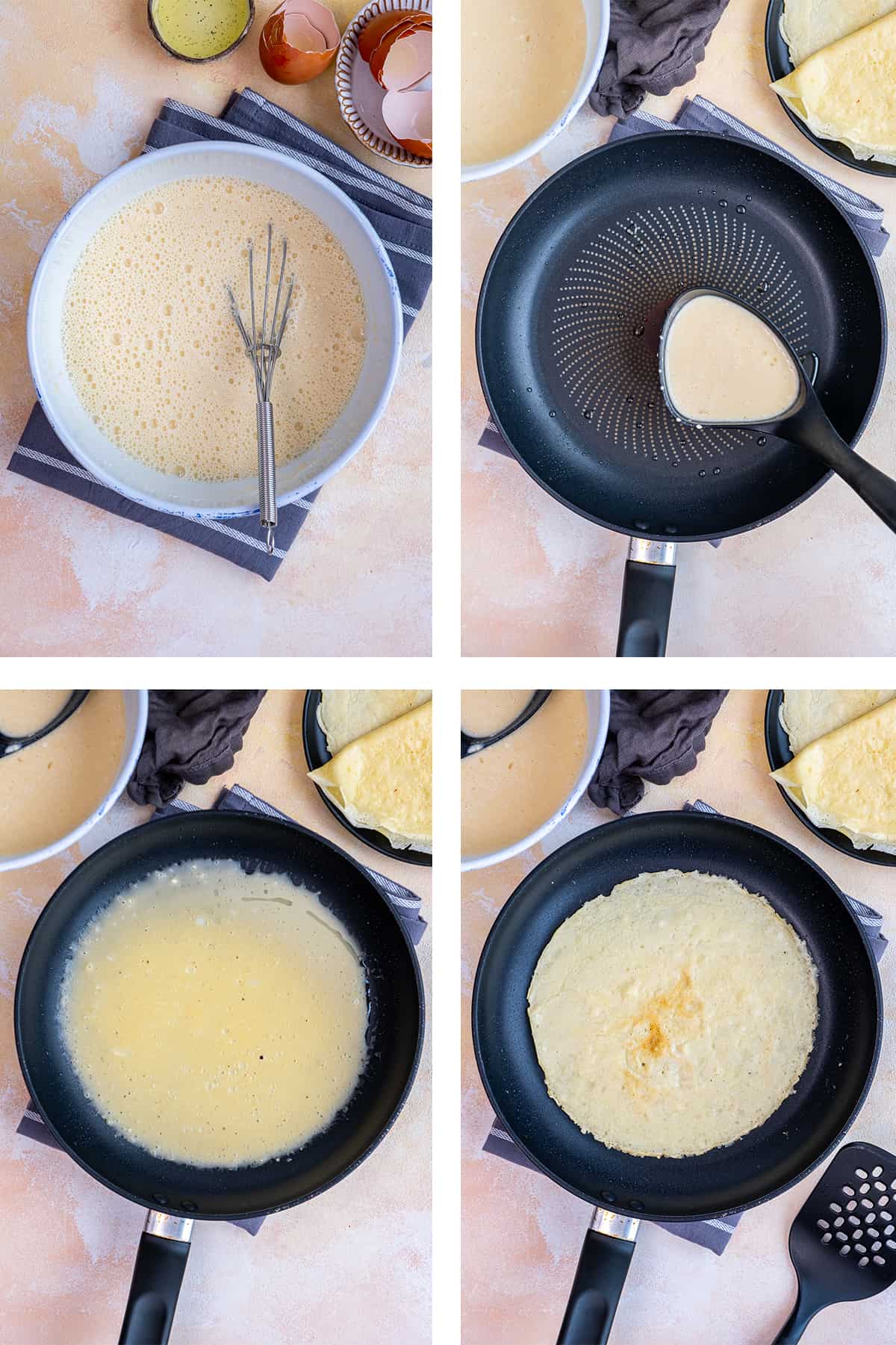 A collage of pictures showing the steps of cooking crepes in a pan.