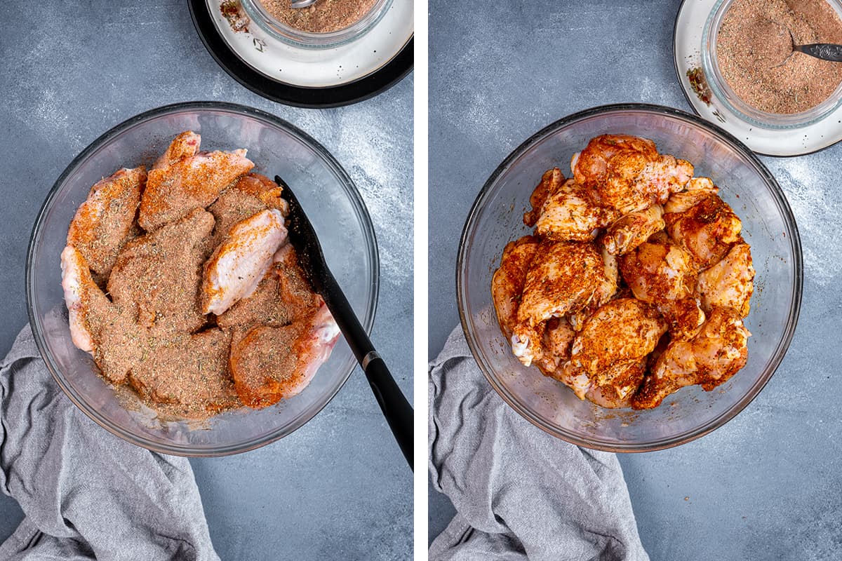 A collage of two pictures showing chicken wings in a bowl before being tossed with spices and after being tossed with them.